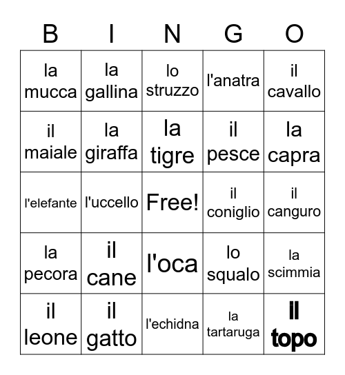 Gli animali Bingo Card