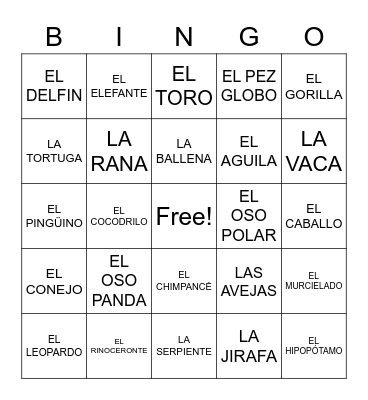 LOS ANIMALES Bingo Card