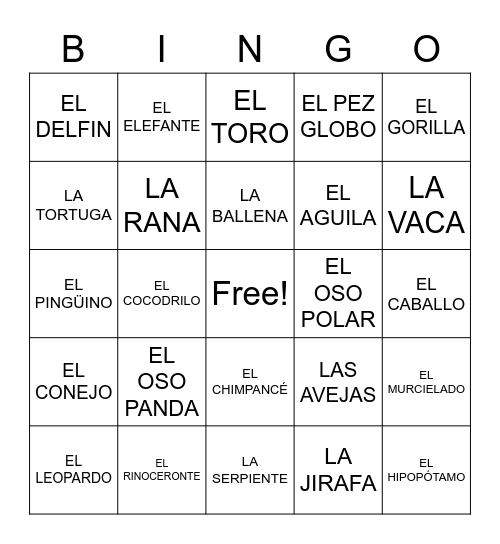 LOS ANIMALES Bingo Card
