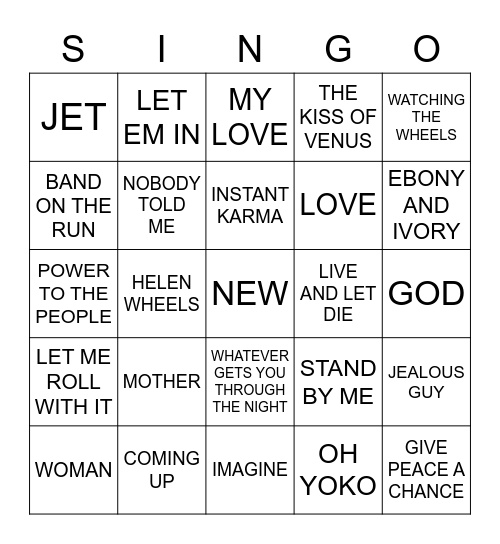 625 LENNON VS MCCARTNEY Bingo Card