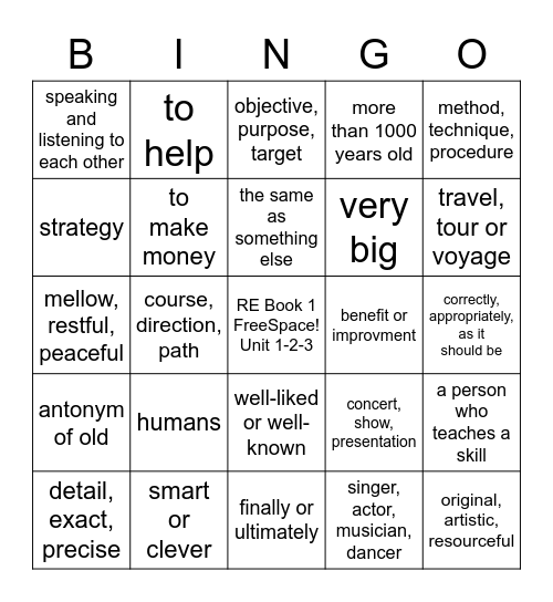 RE Book 1, THINKO, Units 1-2-3 Bingo Card