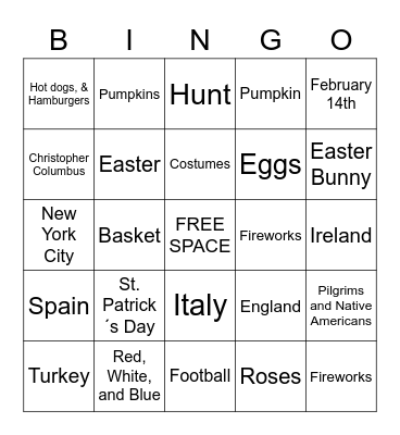 US Holidays Bingo Card