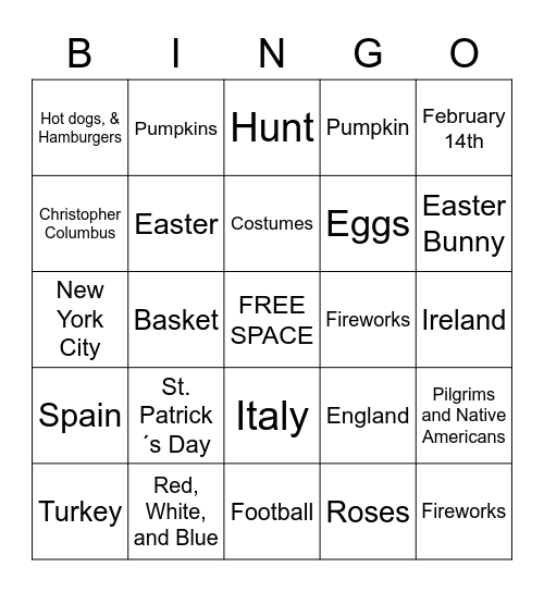US Holidays Bingo Card