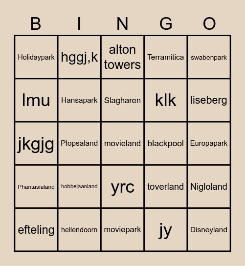 Pretpark Bingo Card