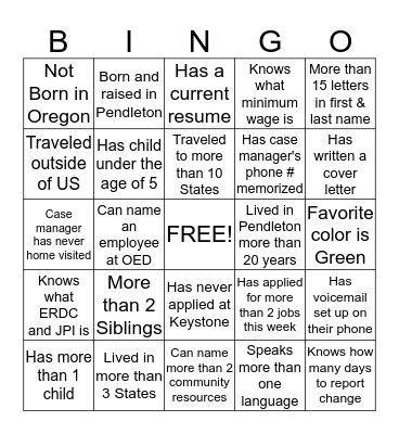 Job Club Bingo Card