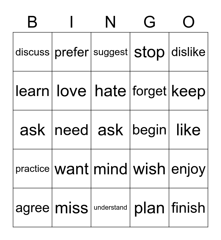Gerunds and Infinitives Bingo Card