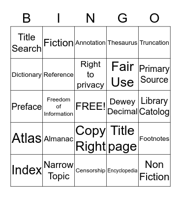 Library Vocabulary Bingo Card