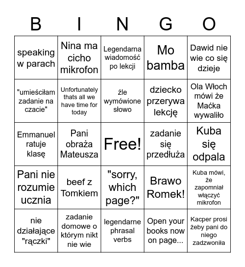 Bingo Lekcja Angielskiego Bingo Card