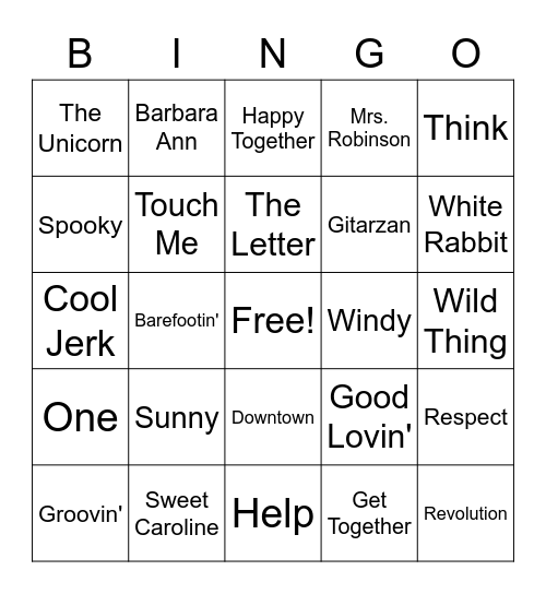 60s Hits Bingo Card