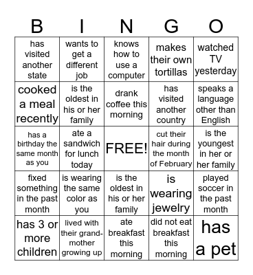 (Find Someone Who) Encuentra alguién que)  Bingo Card