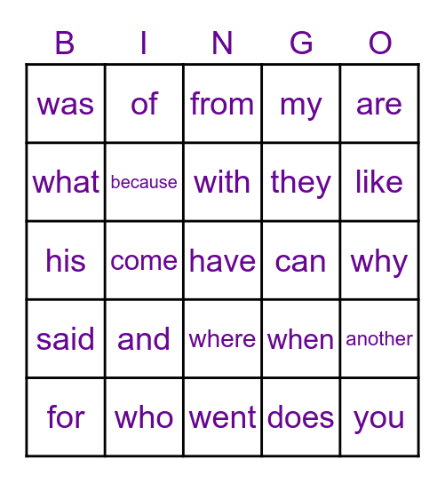 Trick Words Bingo Card