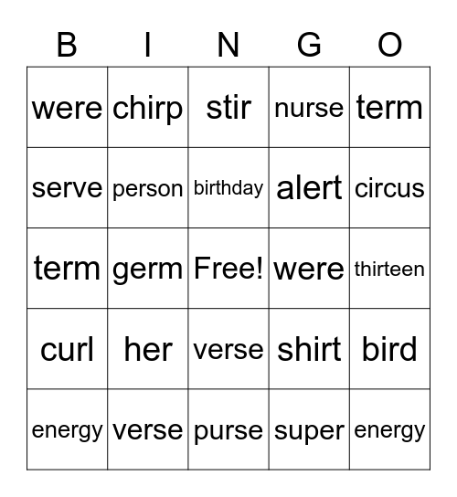 'ER' spelling words Bingo Card