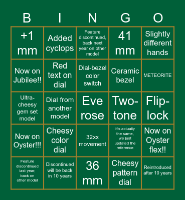 ROLEX NEW RELEASE Bingo Card
