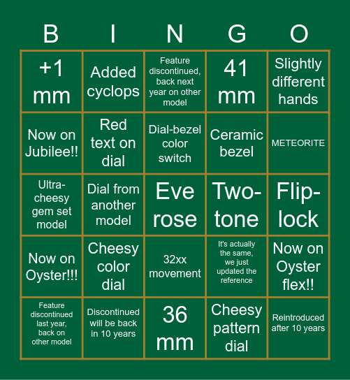 ROLEX NEW RELEASE Bingo Card