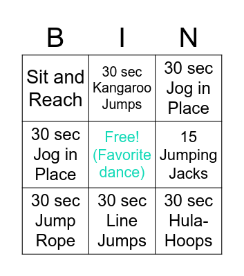 Fitness Bingo Card