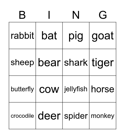 N6 Unit 9 Animals Bingo Card