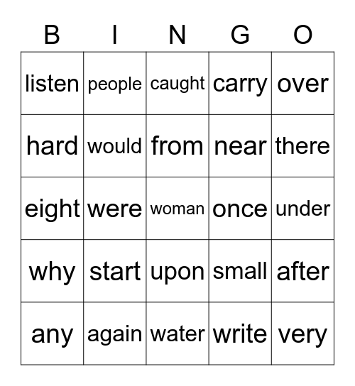 Sight Words Bingo Card
