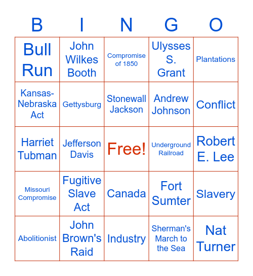 Civil War Bingo Card