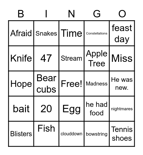 Hatchet chapter 13 Bingo Card