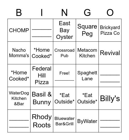 Lunch/Dinner Bingo Card