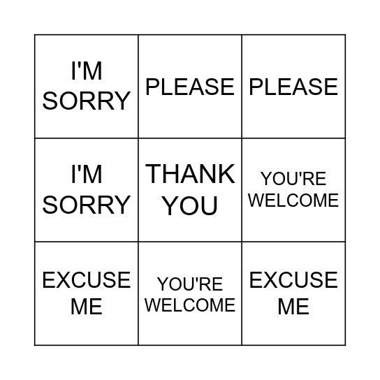 The Manners Bingo Card