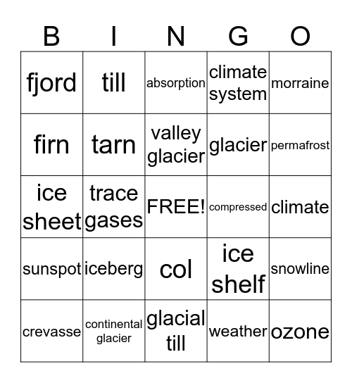 Glacier Bingo Card
