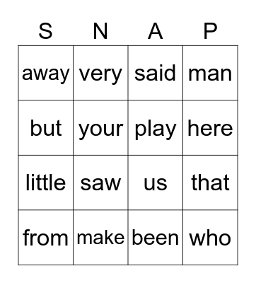 Snap Words List A-5 Bingo Card