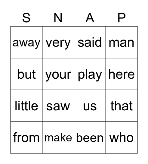 Snap Words List A-5 Bingo Card