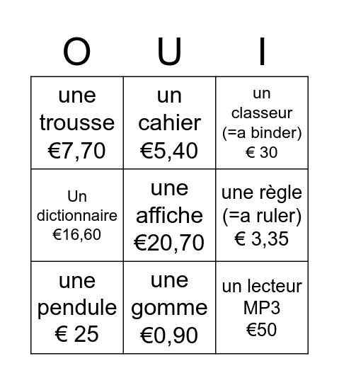 TB1 3A Fournitures et Articles Bingo Card
