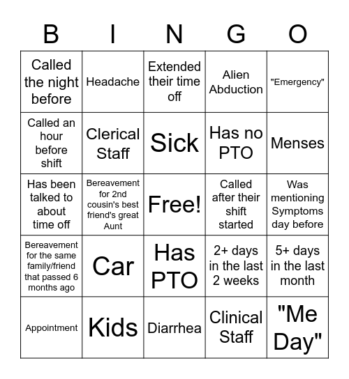 Missed Work Bingo Card