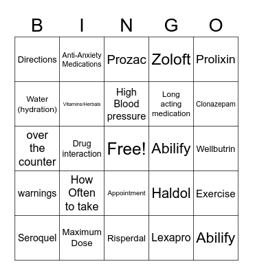 Medication Bingo Card