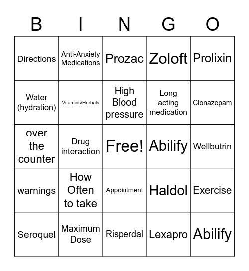 Medication Bingo Card