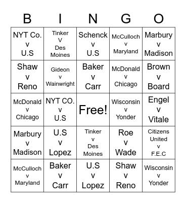 Supreme Court Cases Bingo Card