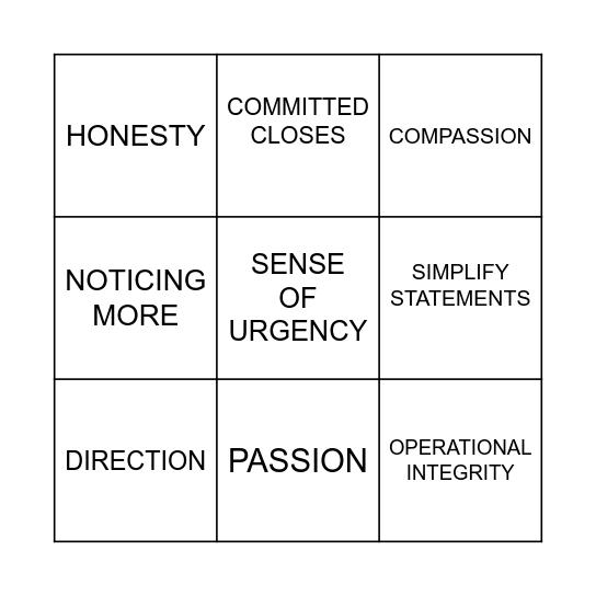 SCHOPEN CORE VALUES Bingo Card