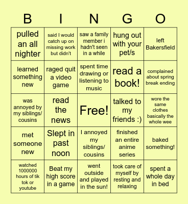 Spring Break Bingo Card