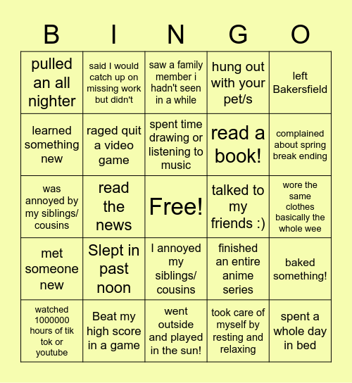 Spring Break Bingo Card