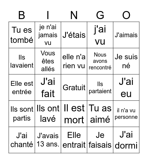 Add Le passé composé & L'imparfait Bingo Card