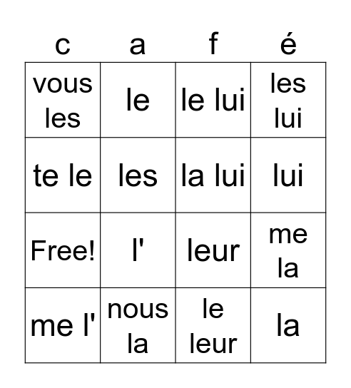 Add Les pronoms objets Bingo Card