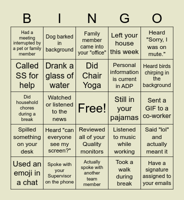 Remote Work Bingo Card