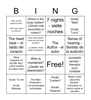 Tell-Tale Heart Bingo Card