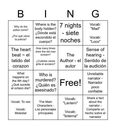 Tell-Tale Heart Bingo Card