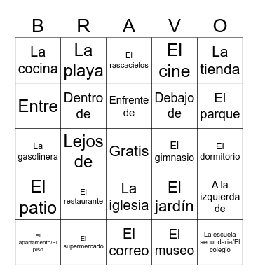 Casa, Lugares, y Preposiciones Bingo Card