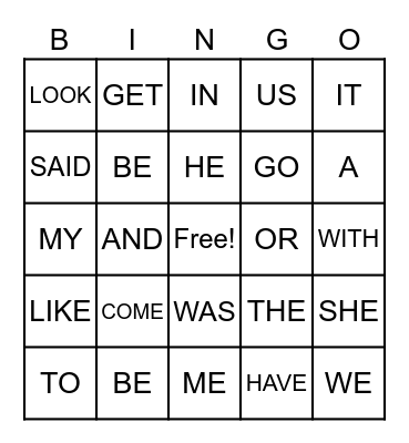 SIGHT WORDS Bingo Card