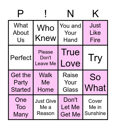 P!nk Songs Bingo Card