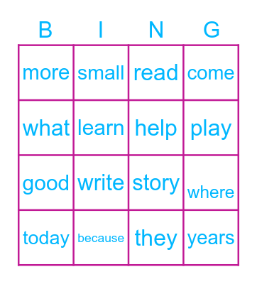 Sight Words Bingo Card