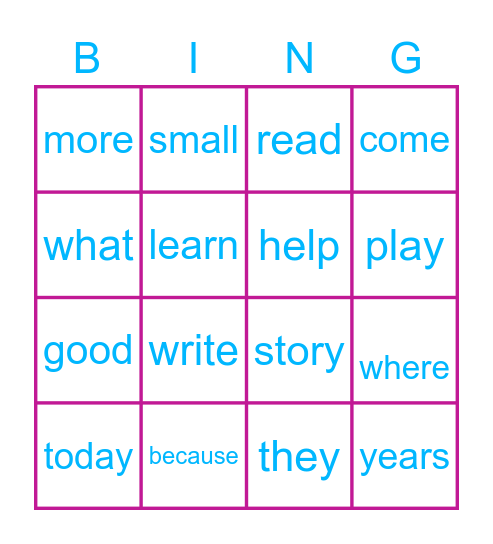 Sight Words Bingo Card