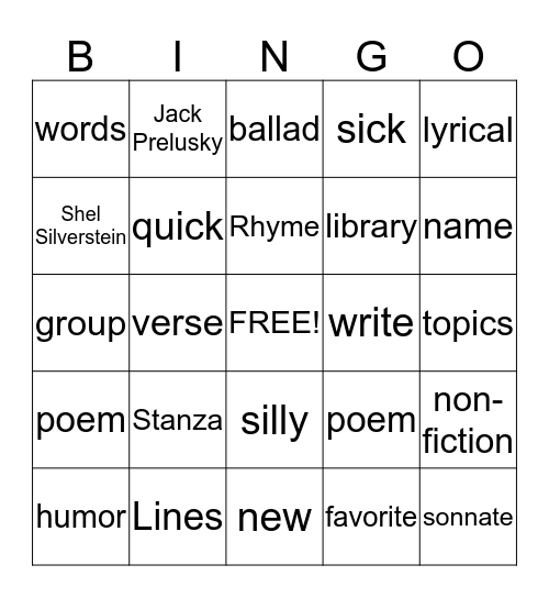 poetry Bingo Card