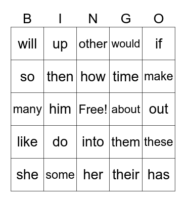 Sight Words Bingo Card