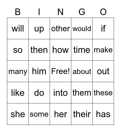 Sight Words Bingo Card