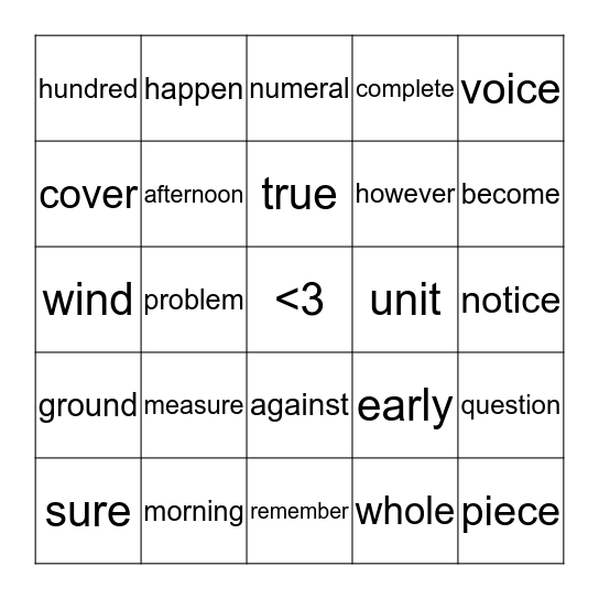 Word Boxes Bingo Card